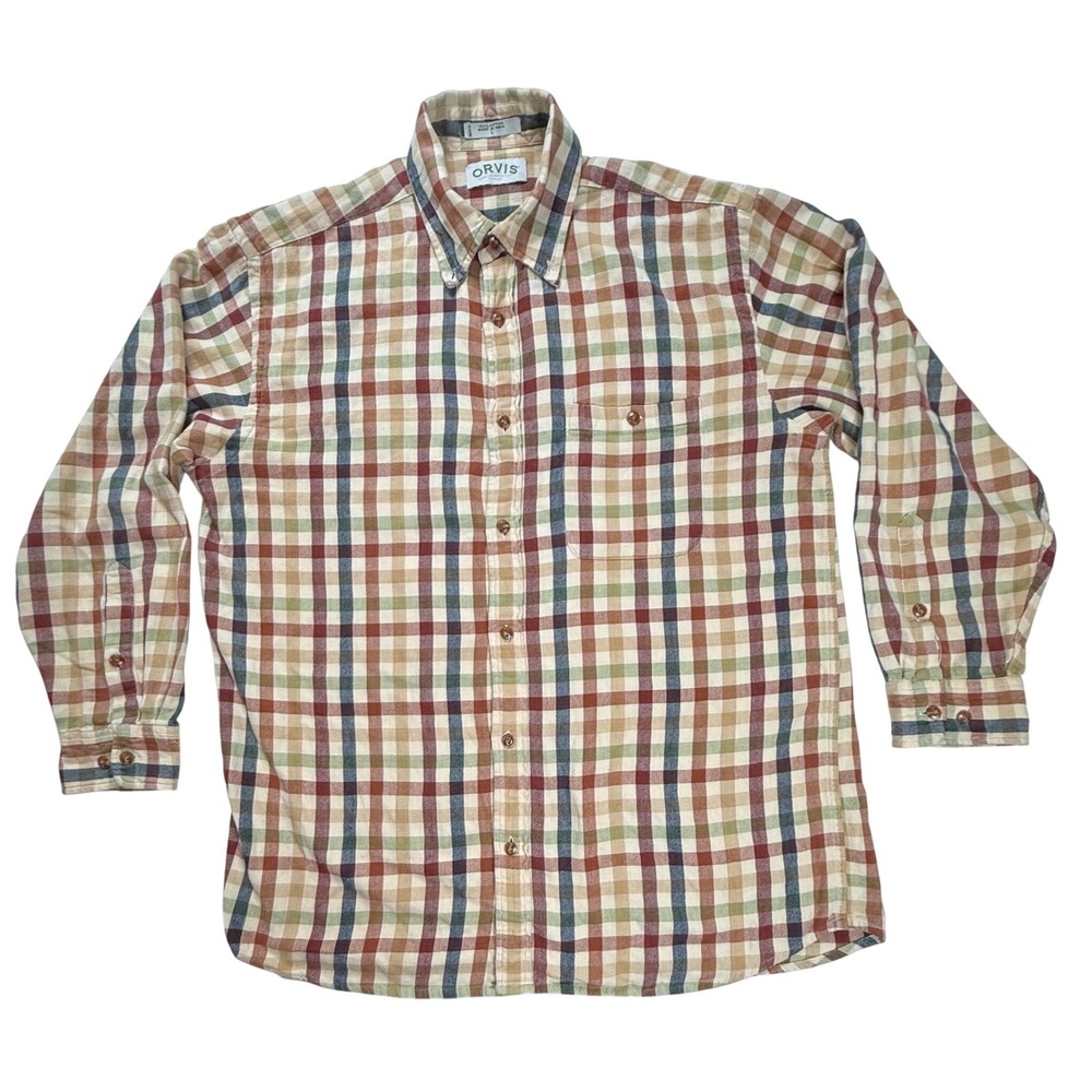 Orvis Mens Large Flannel Shirt Cotton Plaid Tattersall Button Down Multi Color L